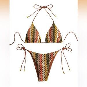 ZAFUL Women's Stripes Triangle Halter Tied Cheeky Thong Bikini Set Coffee M/0223